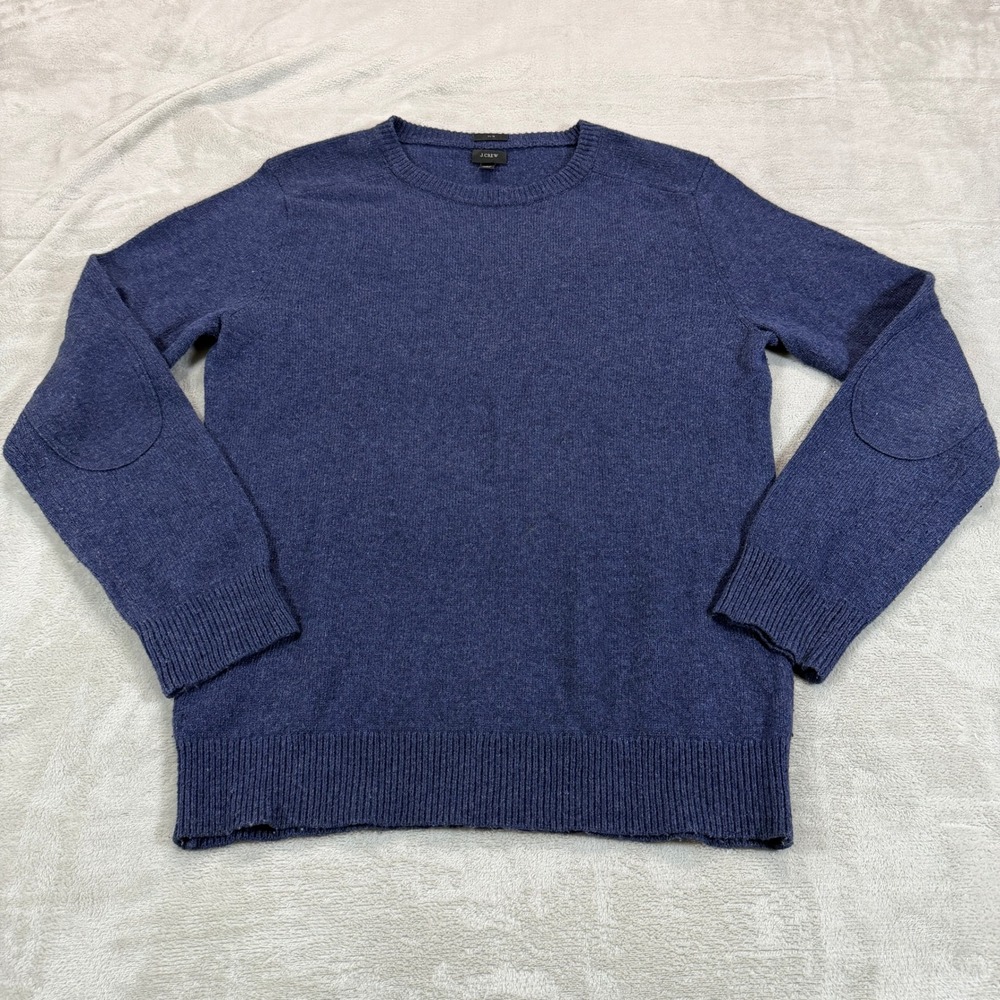 J.Crew Mens Large Slim Merino Wool Alpaca Crewneck Sweater Blue Elbow Patch EUC